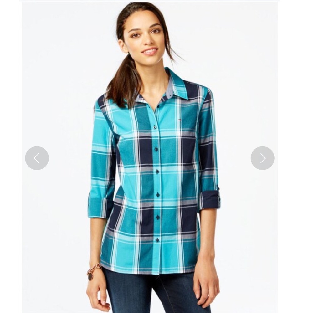 Tommy Hilfiger Plaid Shirt L Teal Navy Womens Cotton Roll Tab Button Down